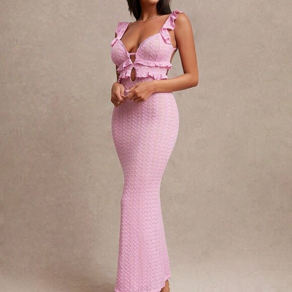 Pink Elegant Women's Sexy Hollow-Out Crochet Ruffle Trim Backless Tie Dress - Picture 7 of 7